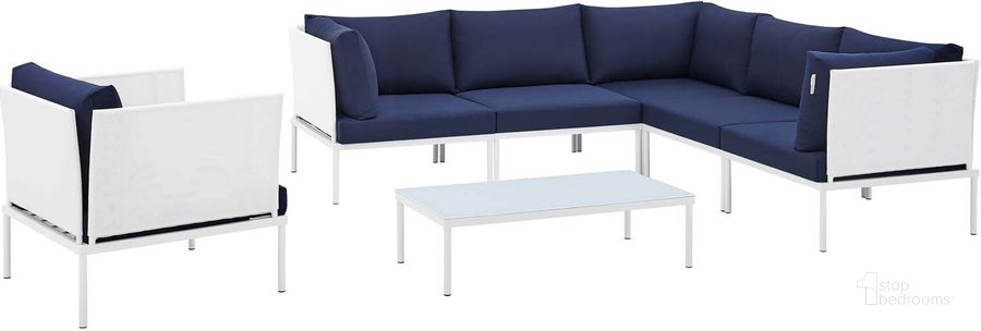 The appearance of Harmony 7-Piece Sunbrella Outdoor Patio Aluminum Sectional Sofa Set In White Navy designed by Modway in the modern / contemporary interior design. This white navy piece of furniture  was selected by 1StopBedrooms from Harmony Collection to add a touch of cosiness and style into your home. Sku: EEI-4936-WHI-NAV-SET. Material: Polyester. Product Type: Outdoor Sectional. Layout: L-Shape. Image1