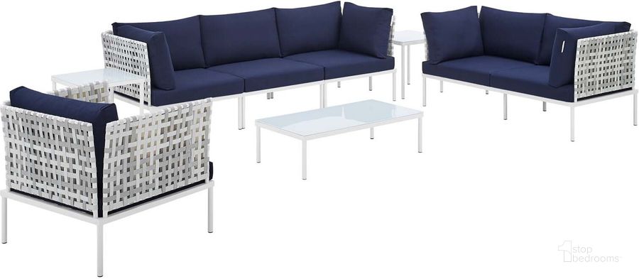 The appearance of Harmony 8-Piece Sunbrella Basket Weave Outdoor Patio Aluminum Seating Set In Navy EEI-4946-TAU-NAV-SET designed by Modway in the modern / contemporary interior design. This dark blue piece of furniture  was selected by 1StopBedrooms from Harmony Collection to add a touch of cosiness and style into your home. Sku: EEI-4946-TAU-NAV-SET. Material: Polyester. Product Type: Outdoor Conversation Set. Image1