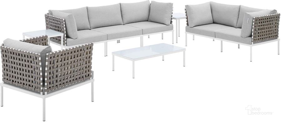 The appearance of Harmony 8-Piece Sunbrella Basket Weave Outdoor Patio Aluminum Seating Set In Tan designed by Modway in the modern / contemporary interior design. This tan piece of furniture  was selected by 1StopBedrooms from Harmony Collection to add a touch of cosiness and style into your home. Sku: EEI-4947-TAN-GRY-SET. Material: Polyester. Product Type: Outdoor Conversation Set. Image1