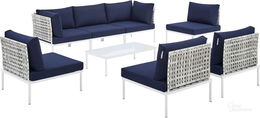 The appearance of Harmony 8-Piece Sunbrella Basket Weave Outdoor Patio Aluminum Sectional Sofa Set In Navy EEI-4938-TAU-NAV-SET designed by Modway in the modern / contemporary interior design. This navy piece of furniture  was selected by 1StopBedrooms from Harmony Collection to add a touch of cosiness and style into your home. Sku: EEI-4938-TAU-NAV-SET. Material: Polyester. Product Type: Outdoor Sectional. Image1
