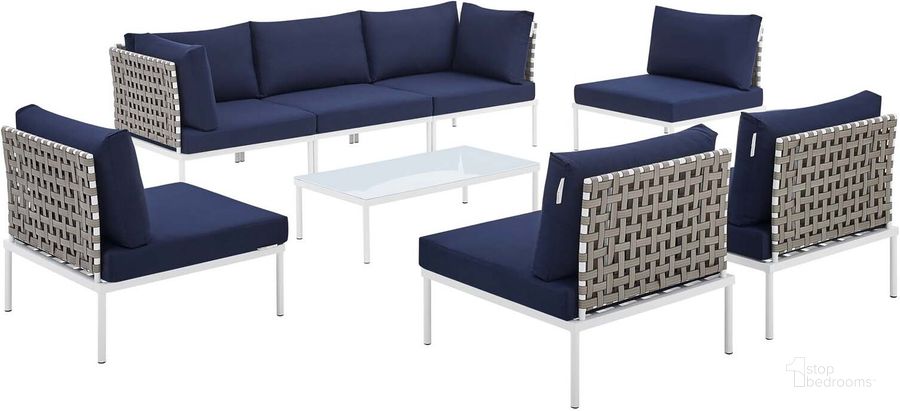 The appearance of Harmony 8-Piece Sunbrella Basket Weave Outdoor Patio Aluminum Sectional Sofa Set In Navy EEI-4939-TAN-NAV-SET designed by Modway in the modern / contemporary interior design. This dark blue piece of furniture  was selected by 1StopBedrooms from Harmony Collection to add a touch of cosiness and style into your home. Sku: EEI-4939-TAN-NAV-SET. Material: Polyester. Product Type: Outdoor Sectional. Image1