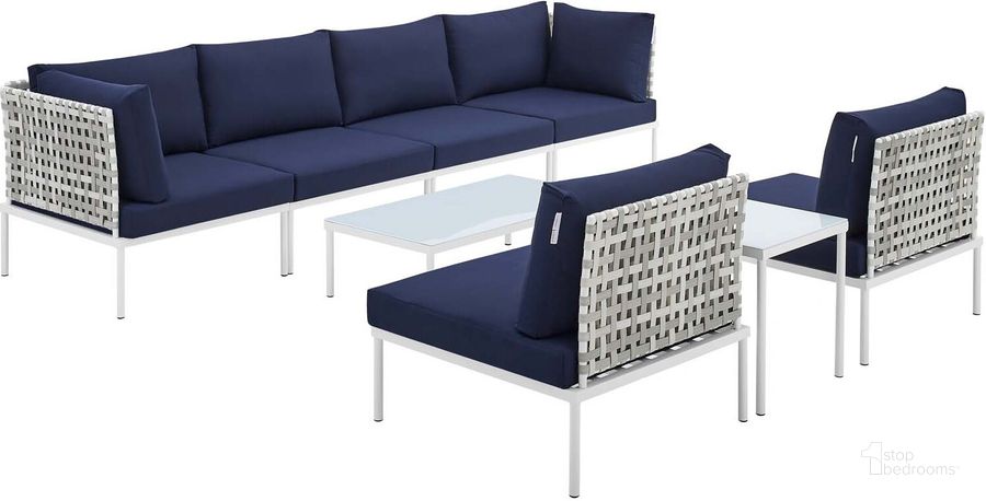 The appearance of Harmony 8-Piece Sunbrella Basket Weave Outdoor Patio Aluminum Sectional Sofa Set In Navy EEI-4942-TAU-NAV-SET designed by Modway in the modern / contemporary interior design. This dark blue piece of furniture  was selected by 1StopBedrooms from Harmony Collection to add a touch of cosiness and style into your home. Sku: EEI-4942-TAU-NAV-SET. Material: Polyester. Product Type: Outdoor Sectional. Image1
