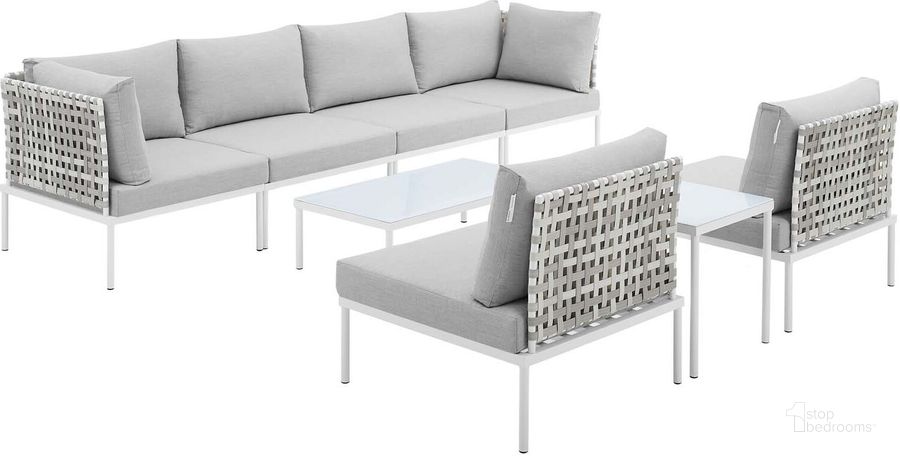 The appearance of Harmony 8-Piece Sunbrella Basket Weave Outdoor Patio Aluminum Sectional Sofa Set In Tan designed by Modway in the modern / contemporary interior design. This tan piece of furniture  was selected by 1StopBedrooms from Harmony Collection to add a touch of cosiness and style into your home. Sku: EEI-4943-TAN-GRY-SET. Material: Polyester. Product Type: Outdoor Sectional. Image1