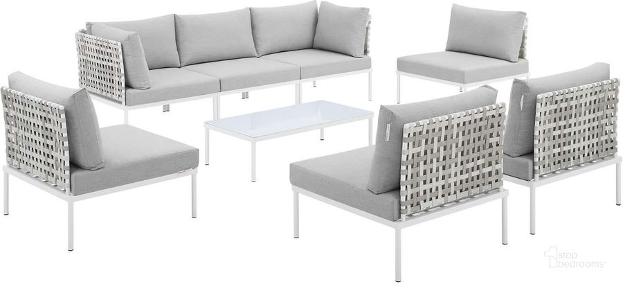 The appearance of Harmony 8-Piece Sunbrella Basket Weave Outdoor Patio Aluminum Sectional Sofa Set In Taupe and Grey EEI-4938-TAU-GRY-SET designed by Modway in the modern / contemporary interior design. This taupe and grey piece of furniture  was selected by 1StopBedrooms from Harmony Collection to add a touch of cosiness and style into your home. Sku: EEI-4938-TAU-GRY-SET. Material: Polyester. Product Type: Outdoor Sectional. Image1