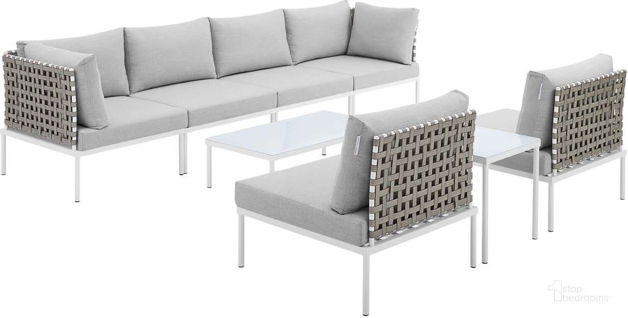 The appearance of Harmony 8-Piece Sunbrella Basket Weave Outdoor Patio Aluminum Sectional Sofa Set In Taupe and Grey designed by Modway in the modern / contemporary interior design. This taupe and grey piece of furniture  was selected by 1StopBedrooms from Harmony Collection to add a touch of cosiness and style into your home. Sku: EEI-4942-TAU-GRY-SET. Material: Polyester. Product Type: Outdoor Sectional. Image1