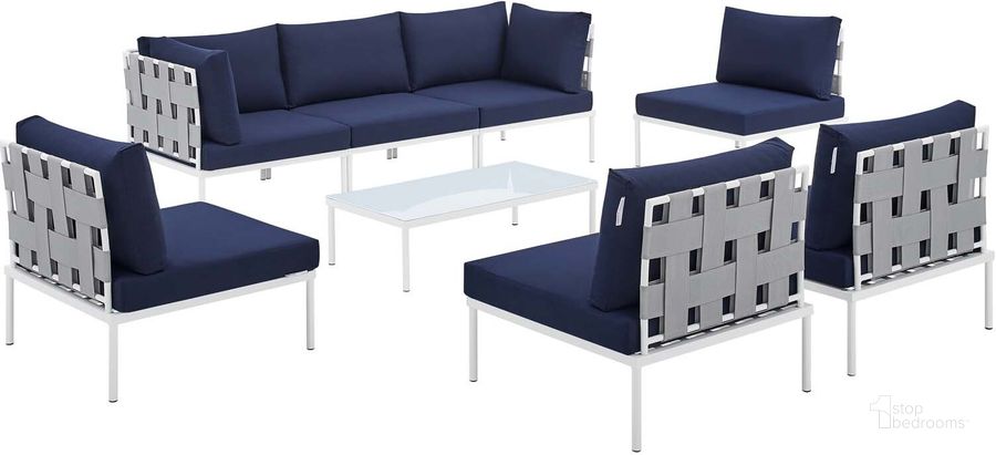 The appearance of Harmony 8-Piece Sunbrella Outdoor Patio All Mesh Sectional Sofa Set In Gray Navy designed by Modway in the modern / contemporary interior design. This gray navy piece of furniture  was selected by 1StopBedrooms from Harmony Collection to add a touch of cosiness and style into your home. Sku: EEI-4941-GRY-NAV-SET. Material: Polyester. Product Type: Outdoor Sectional. Image1