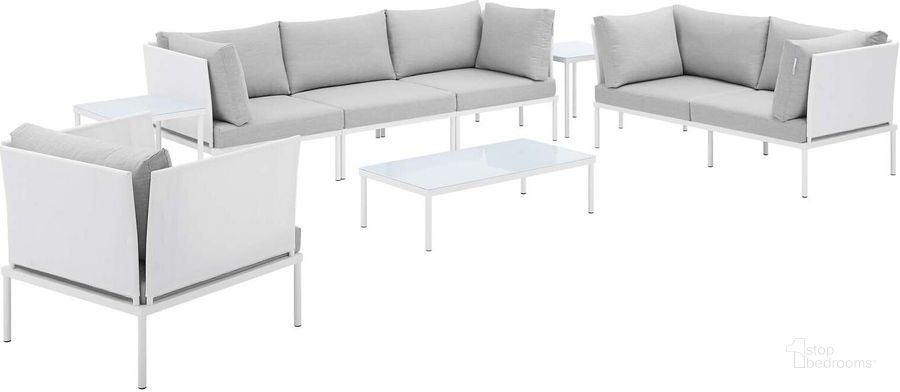 The appearance of Harmony 8-Piece Sunbrella Outdoor Patio Aluminum Seating Set In White and Gray designed by Modway in the modern / contemporary interior design. This white and gray piece of furniture  was selected by 1StopBedrooms from Harmony Collection to add a touch of cosiness and style into your home. Sku: EEI-4948-WHI-GRY-SET. Material: Polyester. Product Type: Outdoor Conversation Set. Image1