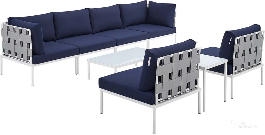 The appearance of Harmony 8-Piece Sunbrella Outdoor Patio Aluminum Sectional Sofa Set In Gray Navy designed by Modway in the modern / contemporary interior design. This gray navy piece of furniture  was selected by 1StopBedrooms from Harmony Collection to add a touch of cosiness and style into your home. Sku: EEI-4945-GRY-NAV-SET. Material: Polyester. Product Type: Outdoor Sectional. Image1