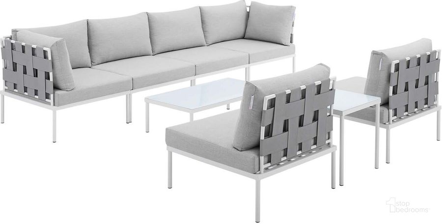 The appearance of Harmony 8-Piece Sunbrella Outdoor Patio Aluminum Sectional Sofa Set In Gray designed by Modway in the modern / contemporary interior design. This gray piece of furniture  was selected by 1StopBedrooms from Harmony Collection to add a touch of cosiness and style into your home. Sku: EEI-4945-GRY-GRY-SET. Material: Polyester. Product Type: Outdoor Sectional. Image1