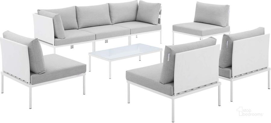 The appearance of Harmony 8-Piece Sunbrella Outdoor Patio Aluminum Sectional Sofa Set In White and Gray EEI-4940-WHI-GRY-SET designed by Modway in the modern / contemporary interior design. This white and gray piece of furniture  was selected by 1StopBedrooms from Harmony Collection to add a touch of cosiness and style into your home. Sku: EEI-4940-WHI-GRY-SET. Material: Polyester. Product Type: Outdoor Sectional. Image1