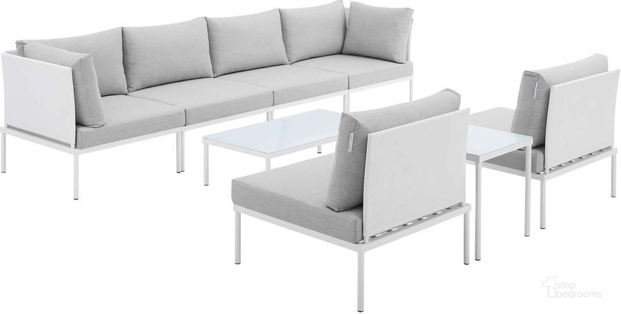 The appearance of Harmony 8-Piece Sunbrella Outdoor Patio Aluminum Sectional Sofa Set In White and Gray designed by Modway in the modern / contemporary interior design. This white and gray piece of furniture  was selected by 1StopBedrooms from Harmony Collection to add a touch of cosiness and style into your home. Sku: EEI-4944-WHI-GRY-SET. Material: Polyester. Product Type: Outdoor Sectional. Image1