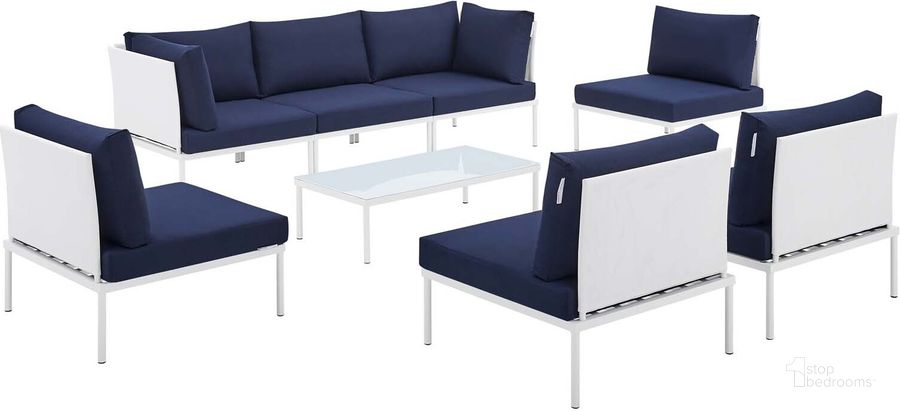 The appearance of Harmony 8-Piece Sunbrella Outdoor Patio Aluminum Sectional Sofa Set In White Navy EEI-4940-WHI-NAV-SET designed by Modway in the modern / contemporary interior design. This white navy piece of furniture  was selected by 1StopBedrooms from Harmony Collection to add a touch of cosiness and style into your home. Sku: EEI-4940-WHI-NAV-SET. Material: Polyester. Product Type: Outdoor Sectional. Image1