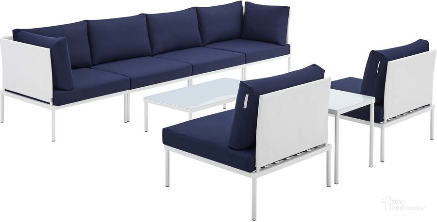 The appearance of Harmony 8-Piece Sunbrella Outdoor Patio Aluminum Sectional Sofa Set In White Navy designed by Modway in the modern / contemporary interior design. This white navy piece of furniture  was selected by 1StopBedrooms from Harmony Collection to add a touch of cosiness and style into your home. Sku: EEI-4944-WHI-NAV-SET. Material: Polyester. Product Type: Outdoor Sectional. Image1