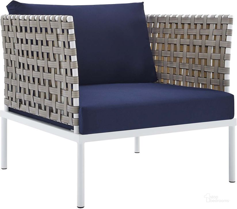 The appearance of Harmony Sunbrella Basket Weave Outdoor Patio Aluminum Arm Chair In Navy designed by Modway in the modern / contemporary interior design. This dark blue piece of furniture  was selected by 1StopBedrooms from Harmony Collection to add a touch of cosiness and style into your home. Sku: EEI-4954-TAN-NAV. Material: Polyester. Product Type: Arm Chair. Image1