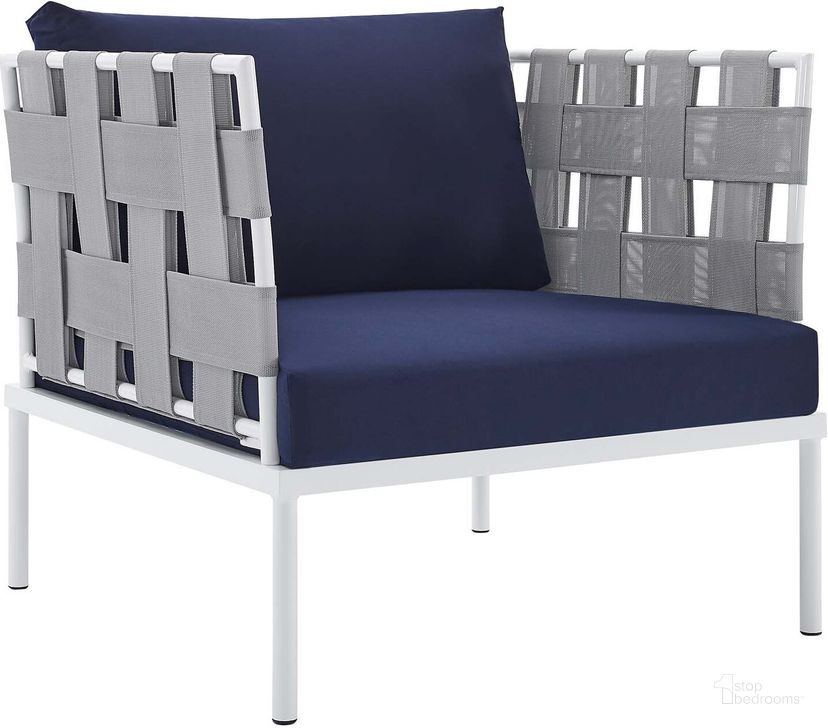 The appearance of Harmony Sunbrella Outdoor Patio Aluminum Arm Chair In Gray Navy designed by Modway in the modern / contemporary interior design. This gray navy piece of furniture  was selected by 1StopBedrooms from Harmony Collection to add a touch of cosiness and style into your home. Sku: EEI-4956-GRY-NAV. Material: Polyester. Product Type: Arm Chair. Image1