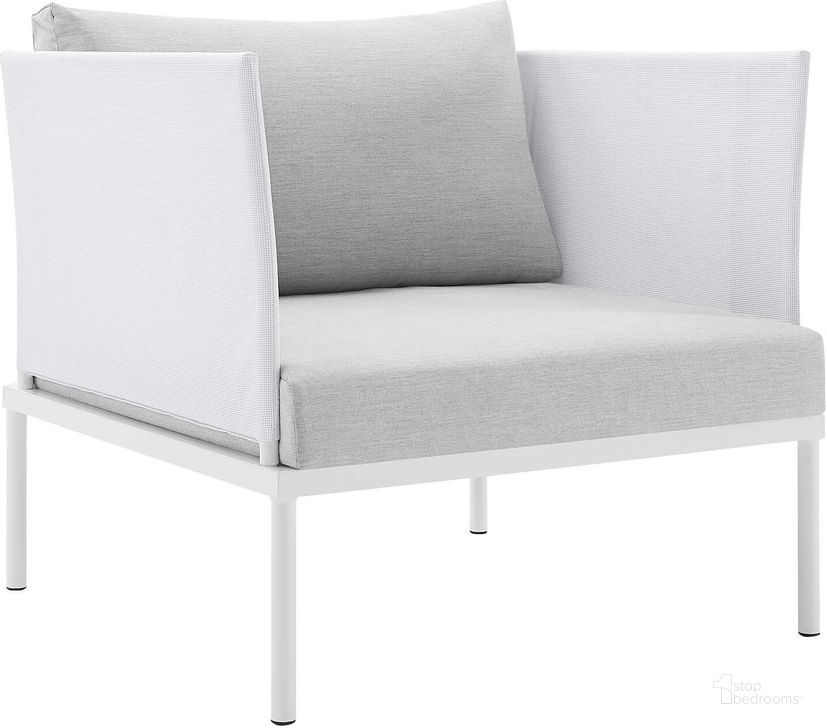 The appearance of Harmony Sunbrella Outdoor Patio Aluminum Arm Chair In White and Gray designed by Modway in the modern / contemporary interior design. This white and gray piece of furniture  was selected by 1StopBedrooms from Harmony Collection to add a touch of cosiness and style into your home. Sku: EEI-4955-WHI-GRY. Material: Polyester. Product Type: Arm Chair. Image1