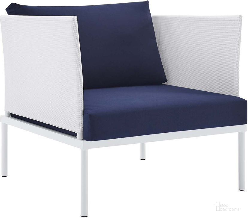 The appearance of Harmony Sunbrella Outdoor Patio Aluminum Arm Chair In White Navy designed by Modway in the modern / contemporary interior design. This white navy piece of furniture  was selected by 1StopBedrooms from Harmony Collection to add a touch of cosiness and style into your home. Sku: EEI-4955-WHI-NAV. Material: Polyester. Product Type: Arm Chair. Image1