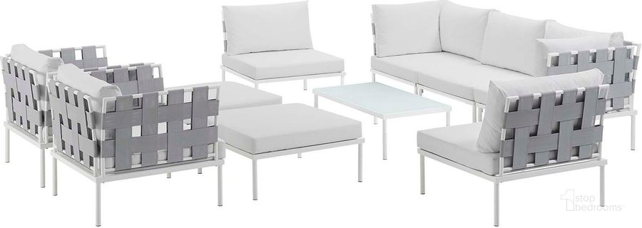 The appearance of Harmony White 10 Piece Outdoor Patio Aluminum Sectional Sofa Set designed by Modway in the modern / contemporary interior design. This white piece of furniture  was selected by 1StopBedrooms from Harmony Collection to add a touch of cosiness and style into your home. Sku: EEI-2616-WHI-WHI-SET. Product Type: Outdoor Sofa. Material: Foam. Image1