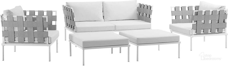 The appearance of Harmony White 5 Piece Outdoor Patio Aluminum Sectional Sofa Set EEI-2621-WHI-WHI-SET designed by Modway in the modern / contemporary interior design. This white piece of furniture  was selected by 1StopBedrooms from Harmony Collection to add a touch of cosiness and style into your home. Sku: EEI-2621-WHI-WHI-SET. Product Type: Outdoor Sofa. Material: Foam. Image1
