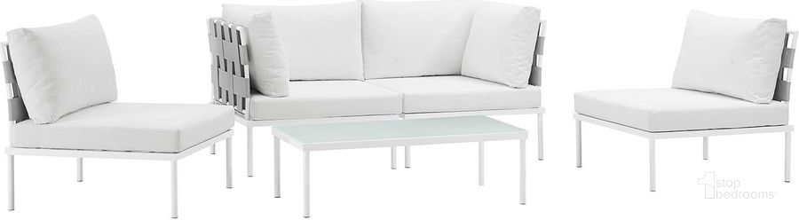 The appearance of Harmony White 5 Piece Outdoor Patio Aluminum Sectional Sofa Set EEI-2622-WHI-WHI-SET designed by Modway in the modern / contemporary interior design. This white piece of furniture  was selected by 1StopBedrooms from Harmony Collection to add a touch of cosiness and style into your home. Sku: EEI-2622-WHI-WHI-SET. Product Type: Outdoor Sofa. Material: Foam. Image1