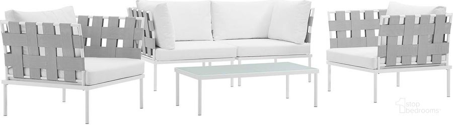 The appearance of Harmony White 5 Piece Outdoor Patio Aluminum Sectional Sofa Set EEI-2623-WHI-WHI-SET designed by Modway in the modern / contemporary interior design. This white piece of furniture  was selected by 1StopBedrooms from Harmony Collection to add a touch of cosiness and style into your home. Sku: EEI-2623-WHI-WHI-SET. Product Type: Outdoor Sofa. Material: Foam. Image1
