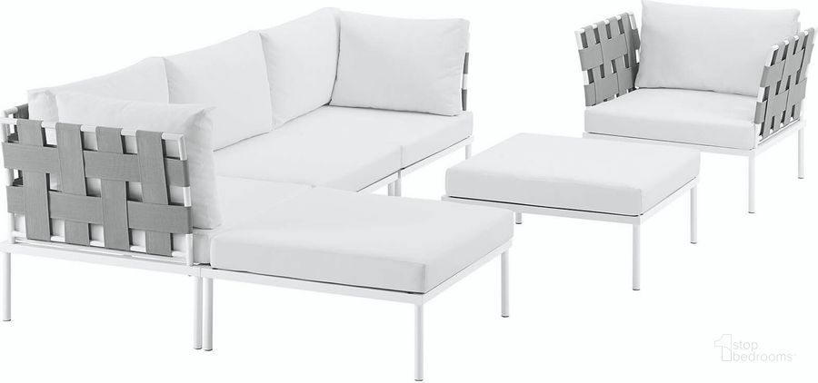 The appearance of Harmony White 6 Piece Outdoor Patio Aluminum Sectional Sofa Set EEI-2626-WHI-WHI-SET designed by Modway in the modern / contemporary interior design. This white piece of furniture  was selected by 1StopBedrooms from Harmony Collection to add a touch of cosiness and style into your home. Sku: EEI-2626-WHI-WHI-SET. Product Type: Outdoor Sofa. Material: Foam. Image1