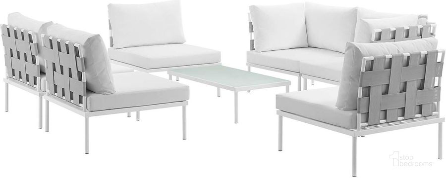 The appearance of Harmony White 7 Piece Outdoor Patio Aluminum Sectional Sofa Set EEI-2617-WHI-WHI-SET designed by Modway in the modern / contemporary interior design. This white piece of furniture  was selected by 1StopBedrooms from Harmony Collection to add a touch of cosiness and style into your home. Sku: EEI-2617-WHI-WHI-SET. Product Type: Outdoor Sofa. Material: Foam. Image1
