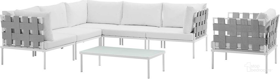 The appearance of Harmony White 7 Piece Outdoor Patio Aluminum Sectional Sofa Set EEI-2620-WHI-WHI-SET designed by Modway in the modern / contemporary interior design. This white piece of furniture  was selected by 1StopBedrooms from Harmony Collection to add a touch of cosiness and style into your home. Sku: EEI-2620-WHI-WHI-SET. Product Type: Outdoor Sofa. Material: Foam. Image1