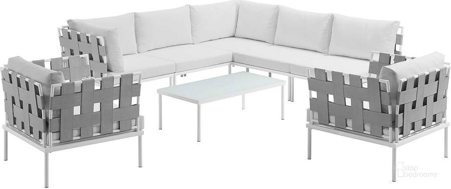 The appearance of Harmony White 8 Piece Outdoor Patio Aluminum Sectional Sofa Set EEI-2619-WHI-WHI-SET designed by Modway in the modern / contemporary interior design. This white piece of furniture  was selected by 1StopBedrooms from Harmony Collection to add a touch of cosiness and style into your home. Sku: EEI-2619-WHI-WHI-SET. Product Type: Outdoor Sofa. Material: Foam. Image1