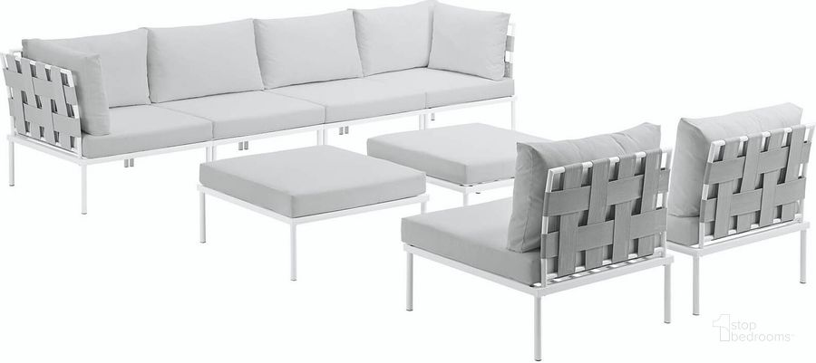 The appearance of Harmony White 8 Piece Outdoor Patio Aluminum Sectional Sofa Set EEI-2624-WHI-WHI-SET designed by Modway in the modern / contemporary interior design. This white piece of furniture  was selected by 1StopBedrooms from Harmony Collection to add a touch of cosiness and style into your home. Sku: EEI-2624-WHI-WHI-SET. Product Type: Outdoor Sofa. Material: Foam. Image1
