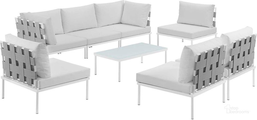 The appearance of Harmony White 8 Piece Outdoor Patio Aluminum Sectional Sofa Set EEI-2625-WHI-WHI-SET designed by Modway in the modern / contemporary interior design. This white piece of furniture  was selected by 1StopBedrooms from Harmony Collection to add a touch of cosiness and style into your home. Sku: EEI-2625-WHI-WHI-SET. Product Type: Outdoor Sofa. Material: Foam. Image1