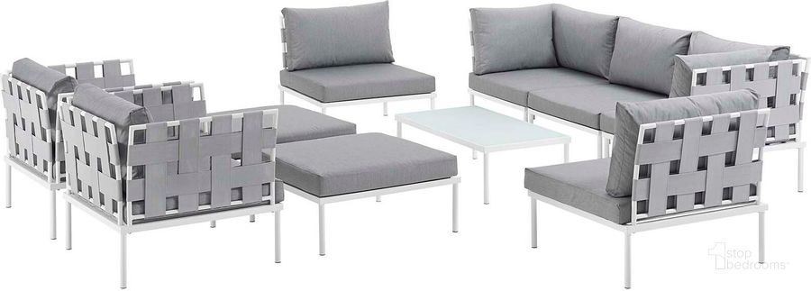 The appearance of Harmony White and Gray 10 Piece Outdoor Patio Aluminum Sectional Sofa Set designed by Modway in the modern / contemporary interior design. This white and gray piece of furniture  was selected by 1StopBedrooms from Harmony Collection to add a touch of cosiness and style into your home. Sku: EEI-2616-WHI-GRY-SET. Product Type: Outdoor Sofa. Material: Foam. Image1