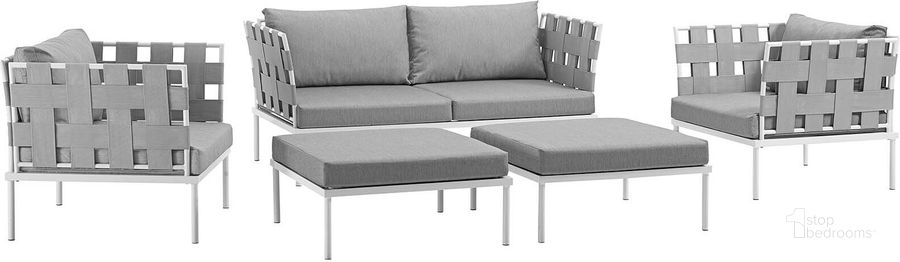 The appearance of Harmony White and Gray 5 Piece Outdoor Patio Aluminum Sectional Sofa Set EEI-2621-WHI-GRY-SET designed by Modway in the modern / contemporary interior design. This white and gray piece of furniture  was selected by 1StopBedrooms from Harmony Collection to add a touch of cosiness and style into your home. Sku: EEI-2621-WHI-GRY-SET. Product Type: Outdoor Sofa. Material: Foam. Image1