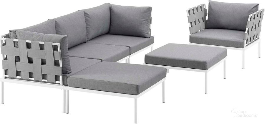 The appearance of Harmony White and Gray 6 Piece Outdoor Patio Aluminum Sectional Sofa Set EEI-2626-WHI-GRY-SET designed by Modway in the modern / contemporary interior design. This white and gray piece of furniture  was selected by 1StopBedrooms from Harmony Collection to add a touch of cosiness and style into your home. Sku: EEI-2626-WHI-GRY-SET. Product Type: Outdoor Sofa. Material: Foam. Image1