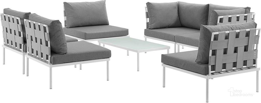 The appearance of Harmony White and Gray 7 Piece Outdoor Patio Aluminum Sectional Sofa Set EEI-2617-WHI-GRY-SET designed by Modway in the modern / contemporary interior design. This white and gray piece of furniture  was selected by 1StopBedrooms from Harmony Collection to add a touch of cosiness and style into your home. Sku: EEI-2617-WHI-GRY-SET. Product Type: Outdoor Sofa. Material: Foam. Image1