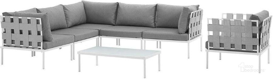 The appearance of Harmony White and Gray 7 Piece Outdoor Patio Aluminum Sectional Sofa Set EEI-2620-WHI-GRY-SET designed by Modway in the modern / contemporary interior design. This white and gray piece of furniture  was selected by 1StopBedrooms from Harmony Collection to add a touch of cosiness and style into your home. Sku: EEI-2620-WHI-GRY-SET. Product Type: Outdoor Sofa. Material: Foam. Image1