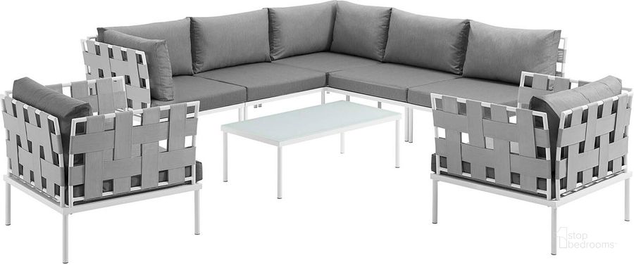 The appearance of Harmony White and Gray 8 Piece Outdoor Patio Aluminum Sectional Sofa Set EEI-2619-WHI-GRY-SET designed by Modway in the modern / contemporary interior design. This white and gray piece of furniture  was selected by 1StopBedrooms from Harmony Collection to add a touch of cosiness and style into your home. Sku: EEI-2619-WHI-GRY-SET. Product Type: Outdoor Sofa. Material: Foam. Image1