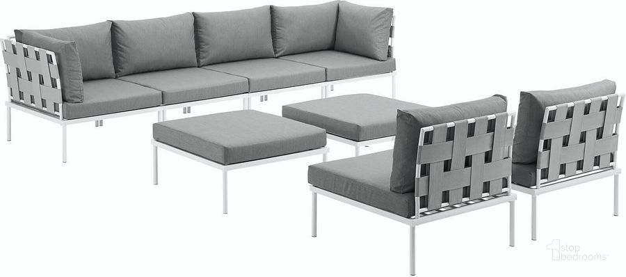 The appearance of Harmony White and Gray 8 Piece Outdoor Patio Aluminum Sectional Sofa Set EEI-2624-WHI-GRY-SET designed by Modway in the modern / contemporary interior design. This white and gray piece of furniture  was selected by 1StopBedrooms from Harmony Collection to add a touch of cosiness and style into your home. Sku: EEI-2624-WHI-GRY-SET. Product Type: Outdoor Sofa. Material: Foam. Image1