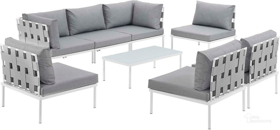 The appearance of Harmony White and Gray 8 Piece Outdoor Patio Aluminum Sectional Sofa Set EEI-2625-WHI-GRY-SET designed by Modway in the modern / contemporary interior design. This white and gray piece of furniture  was selected by 1StopBedrooms from Harmony Collection to add a touch of cosiness and style into your home. Sku: EEI-2625-WHI-GRY-SET. Product Type: Outdoor Sofa. Material: Foam. Image1