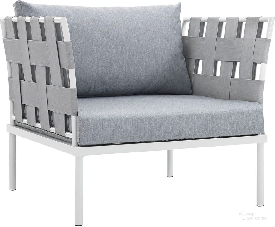 The appearance of Harmony White and Gray Outdoor Patio Aluminum Arm Chair designed by Modway in the modern / contemporary interior design. This white and gray piece of furniture  was selected by 1StopBedrooms from Harmony Collection to add a touch of cosiness and style into your home. Sku: EEI-2602-WHI-GRY. Product Type: Outdoor Dining Chair. Material: Foam. Image1