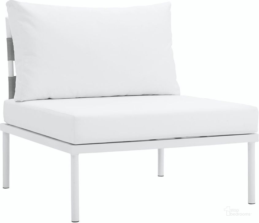 The appearance of Harmony White Armless Outdoor Patio Aluminum Chair designed by Modway in the modern / contemporary interior design. This white piece of furniture  was selected by 1StopBedrooms from Harmony Collection to add a touch of cosiness and style into your home. Sku: EEI-2600-WHI-WHI. Product Type: Outdoor Chair. Material: Foam. Image1