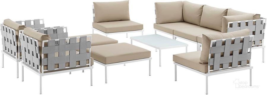 The appearance of Harmony White Beige 10 Piece Outdoor Patio Aluminum Sectional Sofa Set designed by Modway in the modern / contemporary interior design. This white beige piece of furniture  was selected by 1StopBedrooms from Harmony Collection to add a touch of cosiness and style into your home. Sku: EEI-2616-WHI-BEI-SET. Product Type: Outdoor Sofa. Material: Foam. Image1