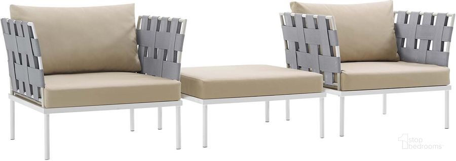 The appearance of Harmony White Beige 3 Piece Outdoor Patio Aluminum Sectional Sofa Set designed by Modway in the modern / contemporary interior design. This white beige piece of furniture  was selected by 1StopBedrooms from Harmony Collection to add a touch of cosiness and style into your home. Sku: EEI-2618-WHI-BEI-SET. Product Type: Outdoor Sofa. Material: Foam. Image1