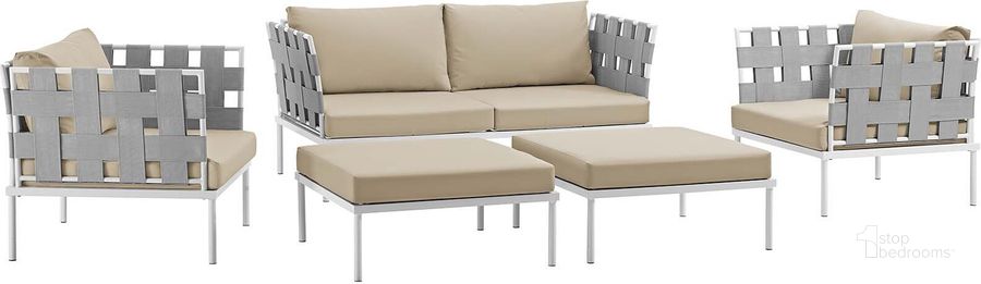 The appearance of Harmony White Beige 5 Piece Outdoor Patio Aluminum Sectional Sofa Set EEI-2621-WHI-BEI-SET designed by Modway in the modern / contemporary interior design. This white beige piece of furniture  was selected by 1StopBedrooms from Harmony Collection to add a touch of cosiness and style into your home. Sku: EEI-2621-WHI-BEI-SET. Product Type: Outdoor Sofa. Material: Foam. Image1