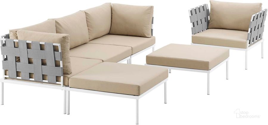 The appearance of Harmony White Beige 6 Piece Outdoor Patio Aluminum Sectional Sofa Set EEI-2626-WHI-BEI-SET designed by Modway in the modern / contemporary interior design. This white beige piece of furniture  was selected by 1StopBedrooms from Harmony Collection to add a touch of cosiness and style into your home. Sku: EEI-2626-WHI-BEI-SET. Product Type: Outdoor Sofa. Material: Foam. Image1