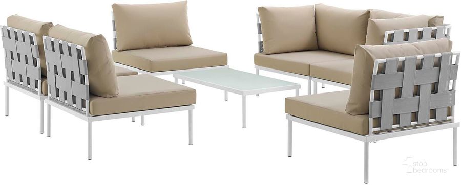 The appearance of Harmony White Beige 7 Piece Outdoor Patio Aluminum Sectional Sofa Set EEI-2617-WHI-BEI-SET designed by Modway in the modern / contemporary interior design. This white beige piece of furniture  was selected by 1StopBedrooms from Harmony Collection to add a touch of cosiness and style into your home. Sku: EEI-2617-WHI-BEI-SET. Product Type: Outdoor Sofa. Material: Foam. Image1