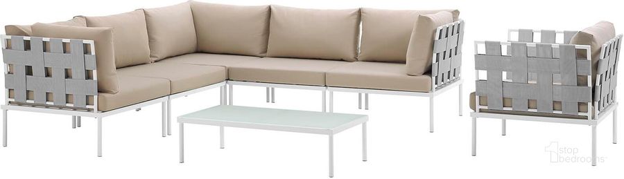 The appearance of Harmony White Beige 7 Piece Outdoor Patio Aluminum Sectional Sofa Set EEI-2620-WHI-BEI-SET designed by Modway in the modern / contemporary interior design. This white beige piece of furniture  was selected by 1StopBedrooms from Harmony Collection to add a touch of cosiness and style into your home. Sku: EEI-2620-WHI-BEI-SET. Product Type: Outdoor Sofa. Material: Foam. Image1