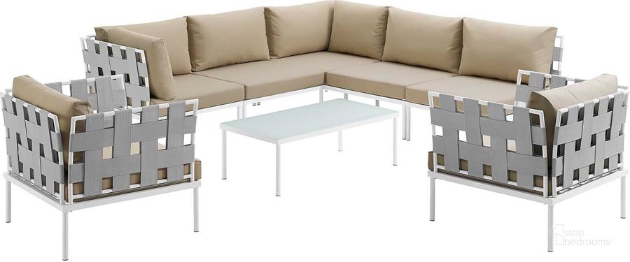 The appearance of Harmony White Beige 8 Piece Outdoor Patio Aluminum Sectional Sofa Set EEI-2619-WHI-BEI-SET designed by Modway in the modern / contemporary interior design. This white beige piece of furniture  was selected by 1StopBedrooms from Harmony Collection to add a touch of cosiness and style into your home. Sku: EEI-2619-WHI-BEI-SET. Product Type: Outdoor Sofa. Material: Foam. Image1