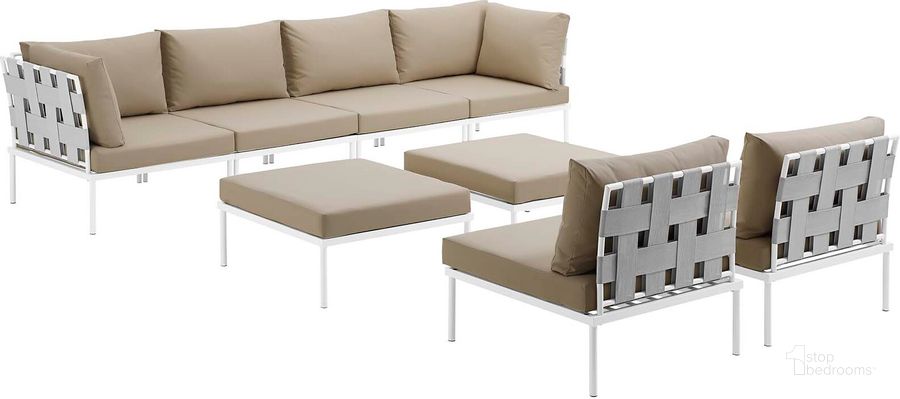 The appearance of Harmony White Beige 8 Piece Outdoor Patio Aluminum Sectional Sofa Set EEI-2624-WHI-BEI-SET designed by Modway in the modern / contemporary interior design. This white beige piece of furniture  was selected by 1StopBedrooms from Harmony Collection to add a touch of cosiness and style into your home. Sku: EEI-2624-WHI-BEI-SET. Product Type: Outdoor Sofa. Material: Foam. Image1