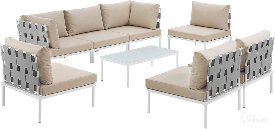 The appearance of Harmony White Beige 8 Piece Outdoor Patio Aluminum Sectional Sofa Set EEI-2625-WHI-BEI-SET designed by Modway in the modern / contemporary interior design. This white beige piece of furniture  was selected by 1StopBedrooms from Harmony Collection to add a touch of cosiness and style into your home. Sku: EEI-2625-WHI-BEI-SET. Product Type: Outdoor Sofa. Material: Foam. Image1